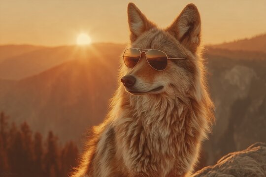 Golden wolf with aviator sunglasses on a sunset mountain background, cool animal art, adventure meme style