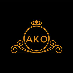 AKO Luxury Monogram Logo Design with Crown and Swirl Ornament. AKO Royal Elegant Initial Emblem.
