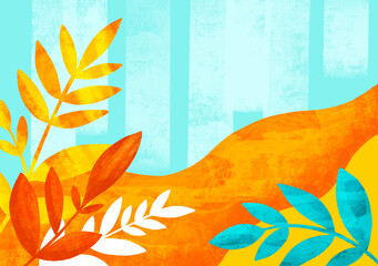 Colorful abstract design featuring tropical leaves and waves