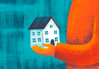 Holding a small house in a warm and vibrant manner