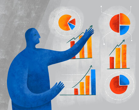 Businessman analyzing colorful graphs and charts in modern art style