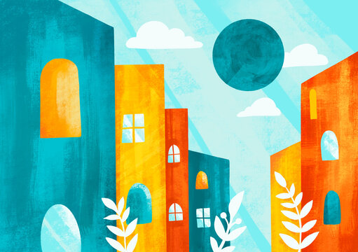 Colorful buildings under a bright sky with abstract elements