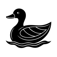 Black and white illustration of a swimming duck on a simple rippled water surface