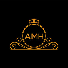 AMH Luxury Monogram Logo Design with Crown and Swirl Ornament. AMH Royal Elegant Initial Emblem.
