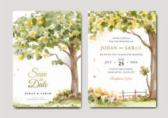 Watercolor wedding invitation of nature landscape with tree and yellow flowers