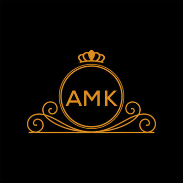 AMK Luxury Monogram Logo Design with Crown and Swirl Ornament. AMK Royal Elegant Initial Emblem.
