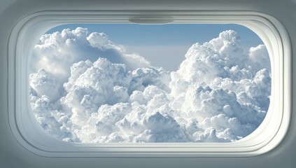 Airplane window view of fluffy clouds