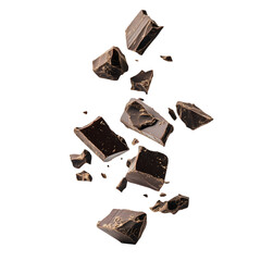 Falling dark chocolate pieces isolated on transparent background