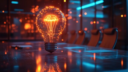 A meeting room with a futuristic holographic lightbulb presentation 