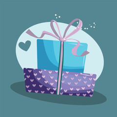 Two beautifully wrapped gift boxes with heart patterns and a pink ribbon bow, set against a blue background. Perfect for celebrations, love, and special occasions.