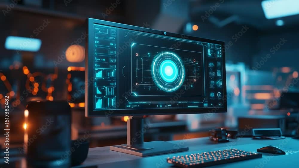Poster futuristic display with data visualization and circuitry for technology research and development