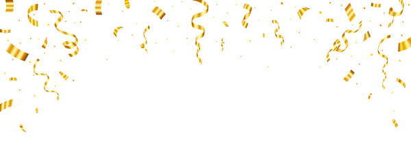 Confetti and ribbons falling on transparent background for celebration and party design elements. Realistic golden confetti isolated vector illustration