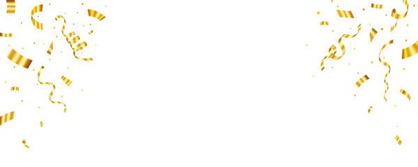 Gold confetti and ribbon. Confetti celebration party background. Falling shiny golden confetti isolated on transparent background. Vector illustration