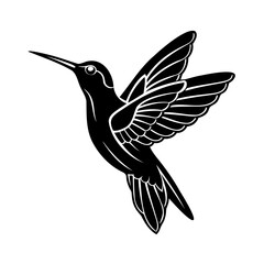 Elegant black and white vector illustration of a hummingbird in flight on a white background