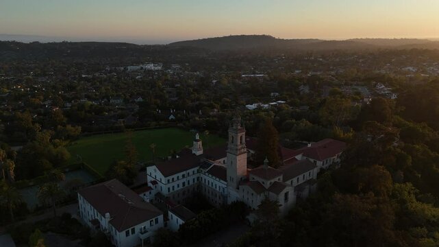 Saint Anthony&rsquo;s Seminary Santa Barbara California sunset 4k aerial drone video