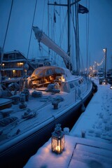 A boat is docked at a pier with a lantern lit on the deck