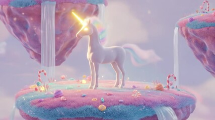 Magical unicorn on floating candy island