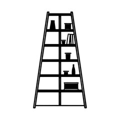 Simple minimalist shelving unit illustration with various decorative objects in a monochrome style