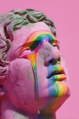 A statue of a man with rainbow paint on his face