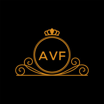 AVF Luxury Monogram Logo Design with Crown and Swirl Ornament. AVF Royal Elegant Initial Emblem.
