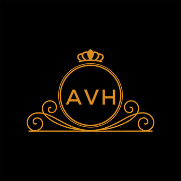 AVH Luxury Monogram Logo Design with Crown and Swirl Ornament. AVH Royal Elegant Initial Emblem.

