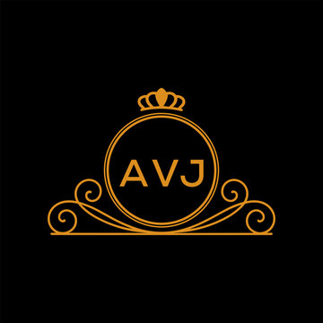 AVJ Luxury Monogram Logo Design with Crown and Swirl Ornament. AVJ Royal Elegant Initial Emblem.
