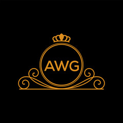 AWG Luxury Monogram Logo Design with Crown and Swirl Ornament. AWG Royal Elegant Initial Emblem.
