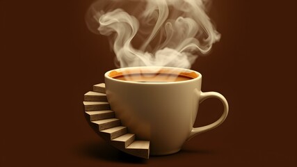 Obraz premium Coffee's Serene Ascent: A steaming cup of coffee, with wisps of fragrant steam rising, is the focal point, and a miniature staircase leading up to the rim symbolizes access to a perfect day
