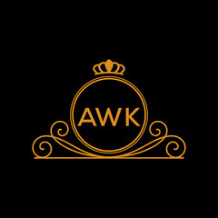 AWK Luxury Monogram Logo Design with Crown and Swirl Ornament. AWK Royal Elegant Initial Emblem.
