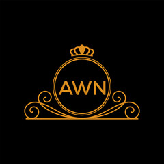 AWN Luxury Monogram Logo Design with Crown and Swirl Ornament. AWN Royal Elegant Initial Emblem.
