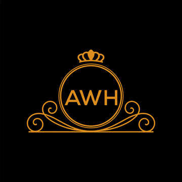 AWH Luxury Monogram Logo Design with Crown and Swirl Ornament. AWH Royal Elegant Initial Emblem.
