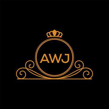 AWJ Luxury Monogram Logo Design with Crown and Swirl Ornament. AWJ Royal Elegant Initial Emblem.
