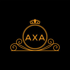 AXA Luxury Monogram Logo Design with Crown and Swirl Ornament. AXA Royal Elegant Initial Emblem.
