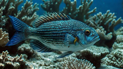 Striking Blue Striped Snapper Swimming in Vibrant Coral Reef