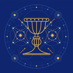graphic of holy grail with futuristic element presented by Tarot card style