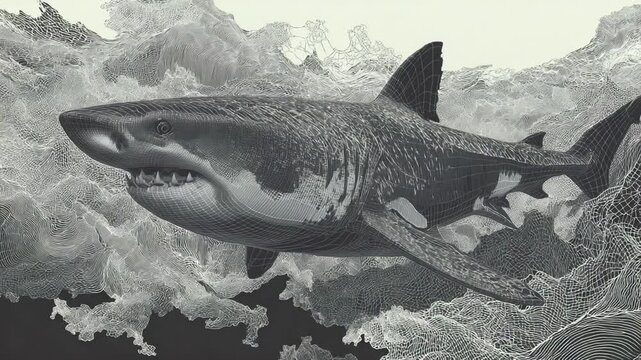 Digital Art of Great White Sharks Swimming in Abstract Ocean Waterscape Display