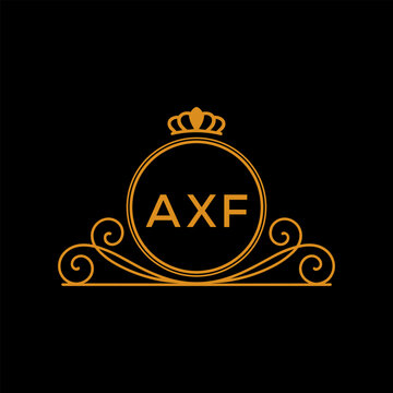 AXF Luxury Monogram Logo Design with Crown and Swirl Ornament. AXF Royal Elegant Initial Emblem.
