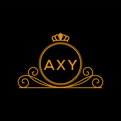 AXY Luxury Monogram Logo Design with Crown and Swirl Ornament. AXY Royal Elegant Initial Emblem.
