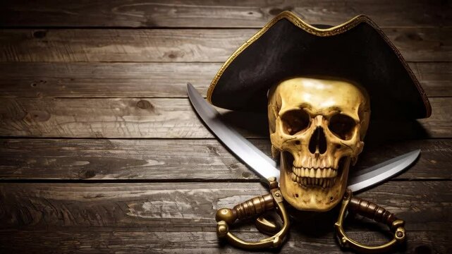 Creepy human skull wearing pirate hat with crossed sabers on a wooden surface, sinister skull with eye sockets, pirate life, treasure hunt