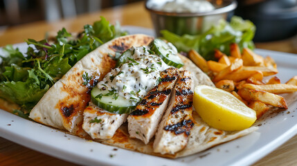 Grilled Chicken Gyro with Tzatziki Sauce, Fries, and Fresh Salad