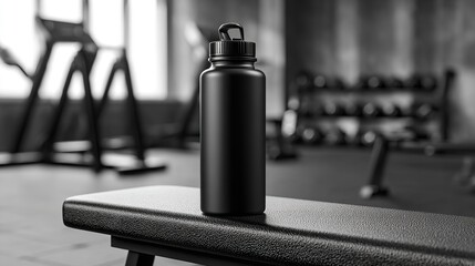 A sleek black water bottle sits ready on gym bench a symbol of dedication and fitness journey and
