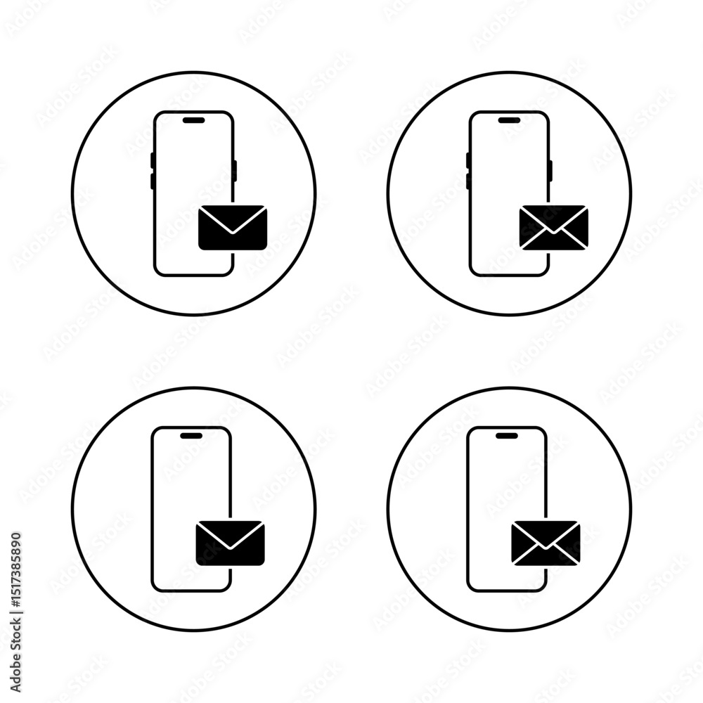 Aufkleber smartphone email icon set on circle line. mobile phone with envelope message symbol