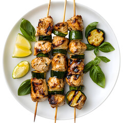 Grilled chicken and zucchini skewers on plate isolated on transparent background