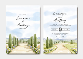 Wedding invitation set with beautiful flowers and vineyard watercolor