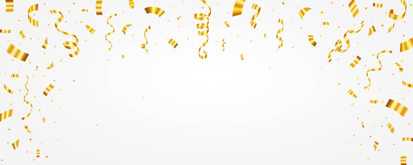 Gold confetti, ribbon celebration background. Anniversary celebration banner. Bright festive tinsel. Birthday party backdrop. Holiday design elements. Vector illustration