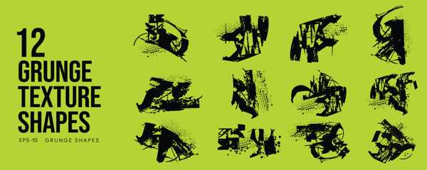 Grunge Graffiti Halftone Texture Elements Set Abstract Geometric Shapes. Ink Spray Horror Borders. Glitch Distortion.  Noise Overlay And Distressed Vector Effects