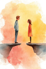 Two people standing calmly opposite cliffs, watercolor style, warm background, emotional distance