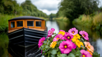 Beautiful Canal Scene with Colorful Flowers and a Gently Floating Boat in a Serene Landscape