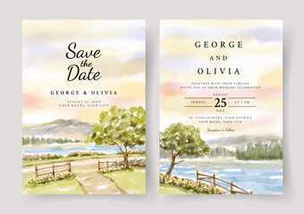 Watercolor wedding invitation of sunset view with tree and lake