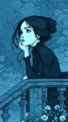 Woman bridge railing floral blue watercolor scene thoughtful dress
